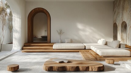 Modern minimalist living room with wooden platform, white sofa, and arched doorway.