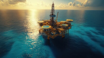 Fototapeta premium An offshore oil rig platform in the middle of the ocean at sunset.