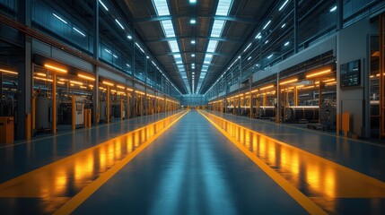 Fototapeta premium A long, empty factory floor with rows of machinery and yellow lines leading down the center, illuminated by bright overhead lights.