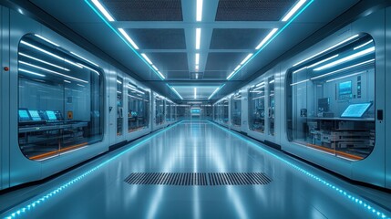 Obraz premium Futuristic laboratory corridor with glowing lights, stainless steel and glass walls.