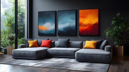 A sophisticated living room showcases a triptych of dark canvas art above a contemporary gray couch.