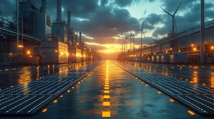 A long road lined with solar panels leads toward a sunset between industrial buildings and wind turbines.