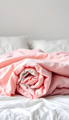 Rolled Up Soft Pink and Grey Muslin Blankets on Bed isolated with white highlights, png