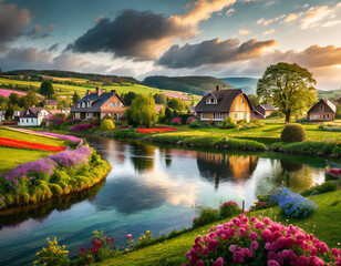 Fototapeta premium Serene landscape with colorful flowers and river near charming cottages at sunset in a peaceful valley