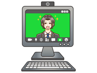 パソコンでWEB会議する大人男性会社員のイラスト素材2