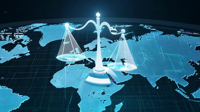 A futuristic digital scale symbolizing justice and law, floating over a holographic world map background, highlighting technology in global law and governance.