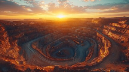 Aerial view of a large open-pit mine during a beautiful sunset.