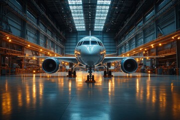 A commercial airplane sits in a hangar with its engines running, illuminated by bright lights and casting reflections on the floor.