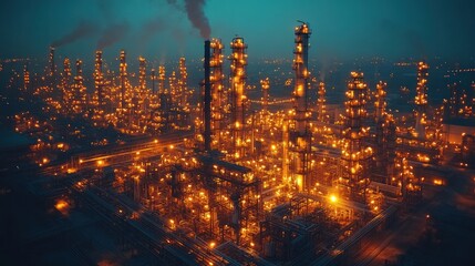 Fototapeta premium An aerial view of an illuminated oil refinery at night.