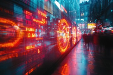 Obraz premium Blurred city street with glowing red and blue lights and people walking past.