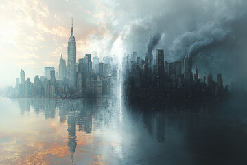 Obraz premium A city skyline that flickers between different versions of itself, symbolizing the unstable nature of alternate dimensions. Concept of instability.