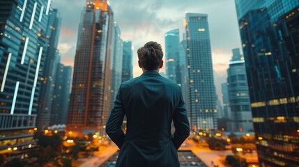 A business executive stands confidently in a modern cityscape, contemplating the future of his company. Copy space