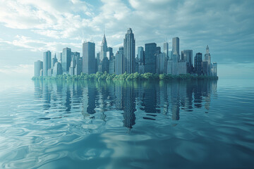 Fototapeta premium A city skyline submerged underwater, symbolizing rising sea levels and climate change. Concept of environmental collapse.