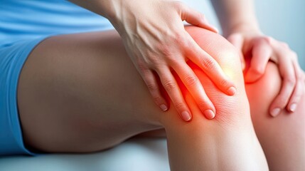 A man sits indoors and holds his knee with his hand, which hurts from injury or age-related degenerative processes. The area of focus of the pain is highlighted in red. Illustration for advertising.