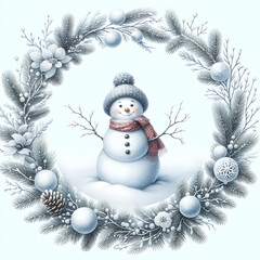 Cute funny watercolor snowman in round frame, Christmas time winter illustration