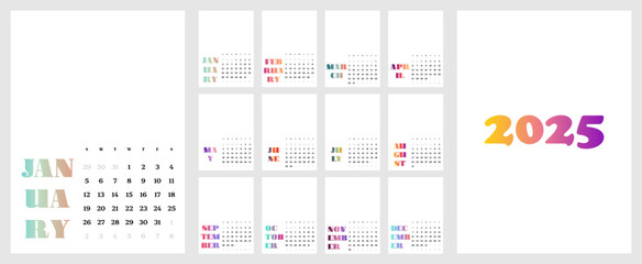 Monthly calendar template 2025 in a minimalist style with trendy gradient, week starts on Sunday