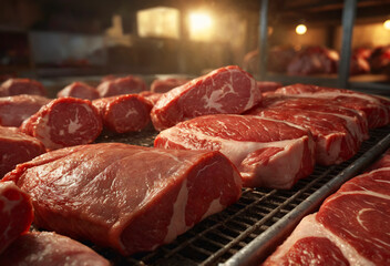 Fototapeta premium Beef meat on the conveyor. Generative AI