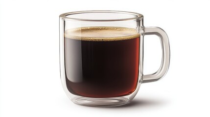 A clear glass mug filled with coffee, set against a white background