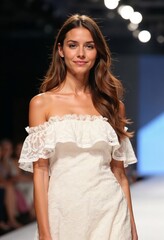 Fototapeta premium Fashionable Young Woman in Off-the-Shoulder Dress on Runway – Ideal for Fashion Industry Use