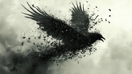 Fototapeta premium A black crow or raven flying across a stormy sky. A dark mystical bird of shards. Ominous image. A harbinger of something terrible. Illustration for cover, interior design, decor, print.