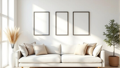 modern living room interior three empty vertical frames on white wall, white mockup frames minimalist white sofa with beige pillows soft ambient lighting
