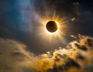 Fototapeta premium Stunning total solar eclipse illuminating the sky with sun rays and dark clouds at midday