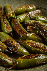 fried padron pepper, in a frying pan, with olive oil, and sea salt, homemade, no people.