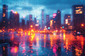 A blurry city skyline through a rain-streaked window, with vibrant lights reflecting in the wet street.