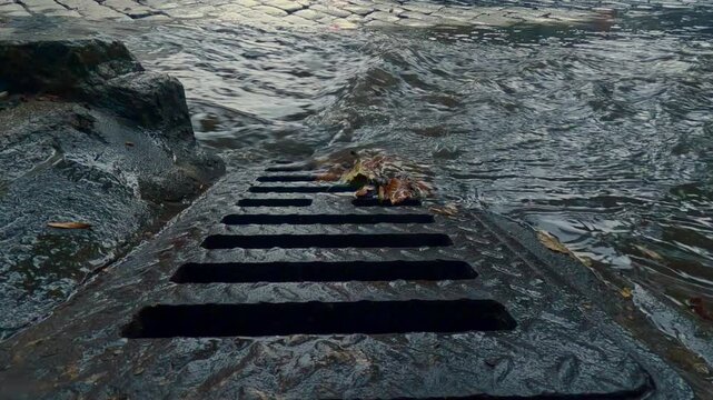 Slow motion, Close up of swift stream of rainwater flows into a cobblestone street of an old town into storm drain