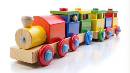 fun, classic, playtime, isolated, white background, kid, nostalgic, creative, primary colors, Colorful wooden toy train isolated on white background captured using a fisheye lens