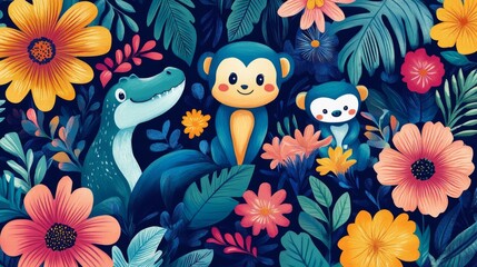 Fototapeta premium Adorable jungle scene with monkeys, sloths, and crocodiles among vibrant florals and foliage. Perfect for kids' textiles