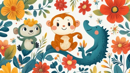 Obraz premium Adorable jungle scene with monkeys, sloths, and crocodiles among vibrant florals and foliage. Perfect for kids' textiles