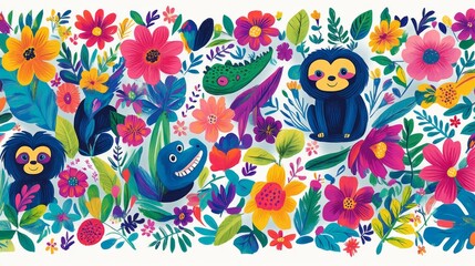 Obraz premium Adorable jungle scene with monkeys, sloths, and crocodiles among vibrant florals and foliage. Perfect for kids' textiles