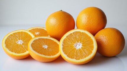 Assortment of oranges and orange slices, vividly displayed on a white backdrop, showcasing their natural shine
