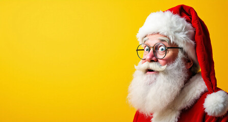 Naklejka premium This image features a surprised Santa Claus with wide eyes, wearing his classic red suit and hat, against a vibrant yellow background.