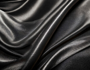 Fototapeta premium Textured black fabric drapes elegantly in soft folds, showcasing its lustrous surface and rich depth