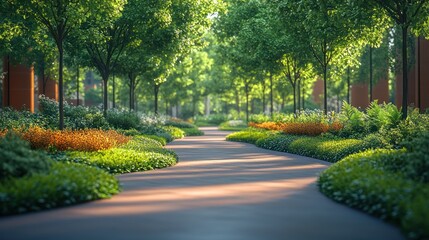 Fototapeta premium A winding pathway through a lush, green park on a sunny day.
