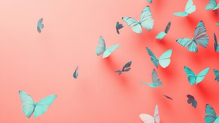   A collection of blue butterflies soaring above a pink canvas with a butterfly shadow on the left