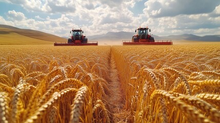 Obraz premium Two tractors harvesting wheat in a vast field, with a view of rolling hills in the background.
