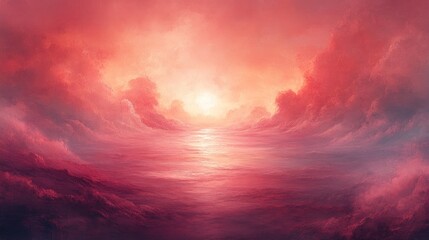 Obraz premium A surreal sunset with a glowing red sun above an ocean of clouds.