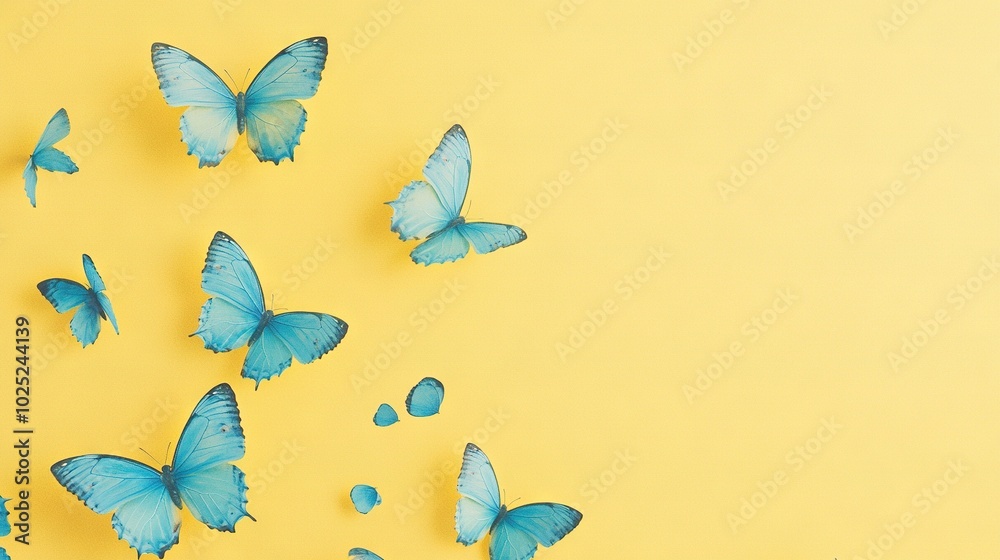 Poster   Blue butterflies fly on yellow background with copy space