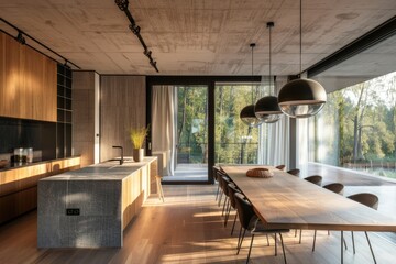 Naklejka premium A modern kitchen with a large window overlooking a forest,generative ai image