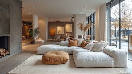 A spacious and modern living room with a white sectional sofa, a large rug, a fireplace, and floor-to-ceiling windows that offer a view of a patio.