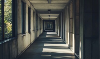Brutalist student housing with blocky, repetitive units, exposed concrete surfaces, and narrow, shadow-filled corridors.