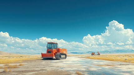 A red crawler tractor sits in a dry, desert landscape with a blue sky and fluffy white clouds overhead.  The tractor is facing the camera, and there is another, smaller tractor in the distance.