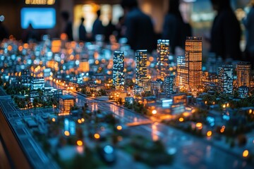 Obraz premium A detailed miniature city model with buildings, roads, and lights, showcasing urban planning and development.