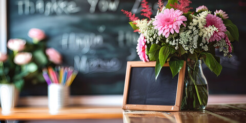 Close-up of a bouquet with pink daisies and greenery in a glass vase on a wooden table, with a small blank chalkboard and blurred classroom background.
