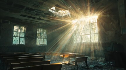 Sunbeams Illuminating an Abandoned Classroom with Desks and Broken Windows