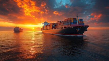 Large container ship sailing on the ocean at sunset.