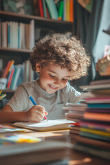 Smiling boy drawing in a colorful room filled with books, representing creativity and learning